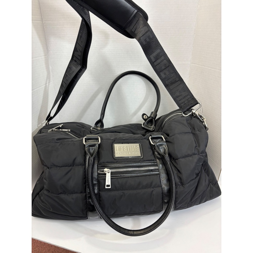 Lifetime Fitness Gym Quilted Duffel Bag Large Black Nylon Travel Weekender Zip